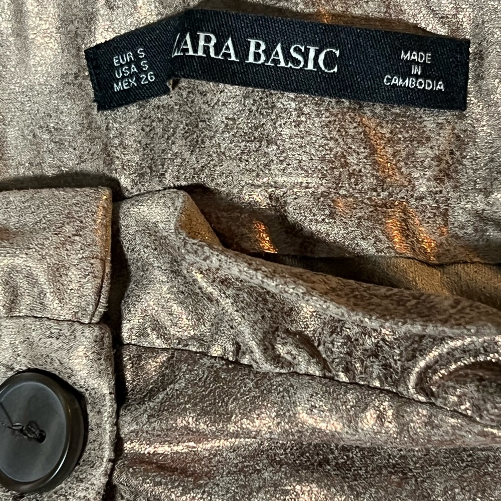 Zara Basic Metallic Gold Button Front Belted Faux… - image 7